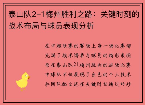 泰山队2-1梅州胜利之路：关键时刻的战术布局与球员表现分析