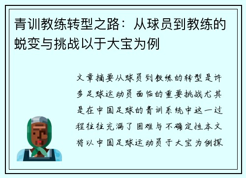 青训教练转型之路：从球员到教练的蜕变与挑战以于大宝为例