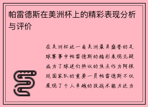 帕雷德斯在美洲杯上的精彩表现分析与评价