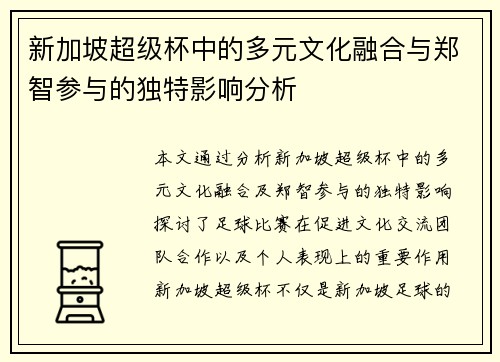 新加坡超级杯中的多元文化融合与郑智参与的独特影响分析